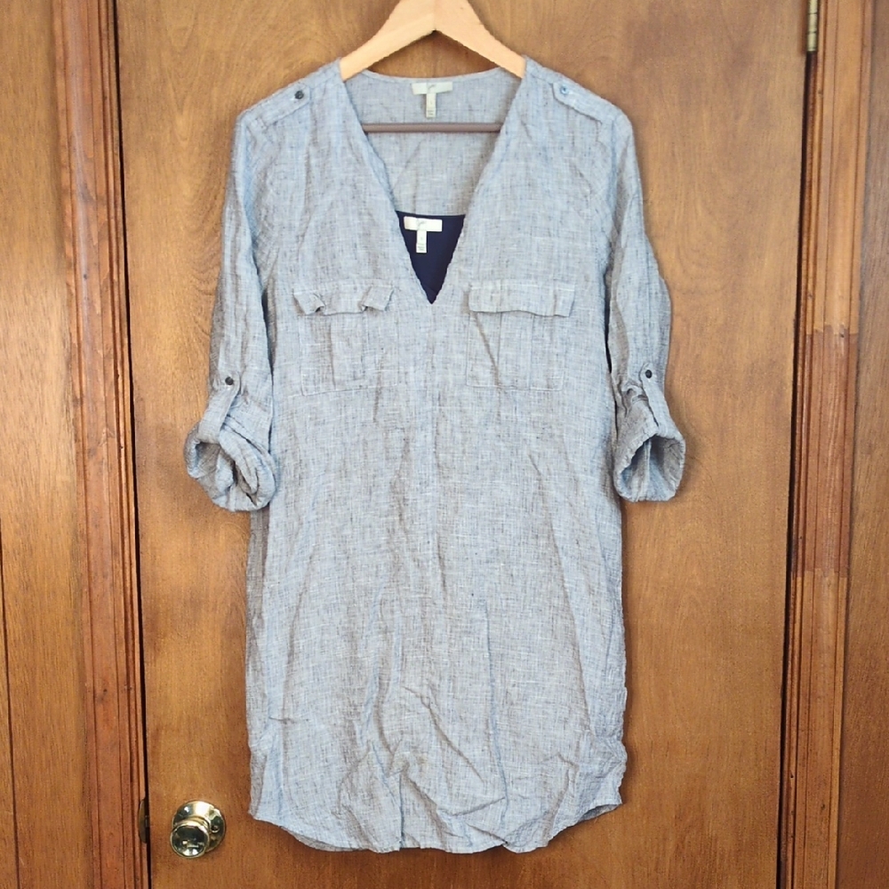 Joie Linen Long Sleeve Dress With Cotton Slip Dress Liner Size S